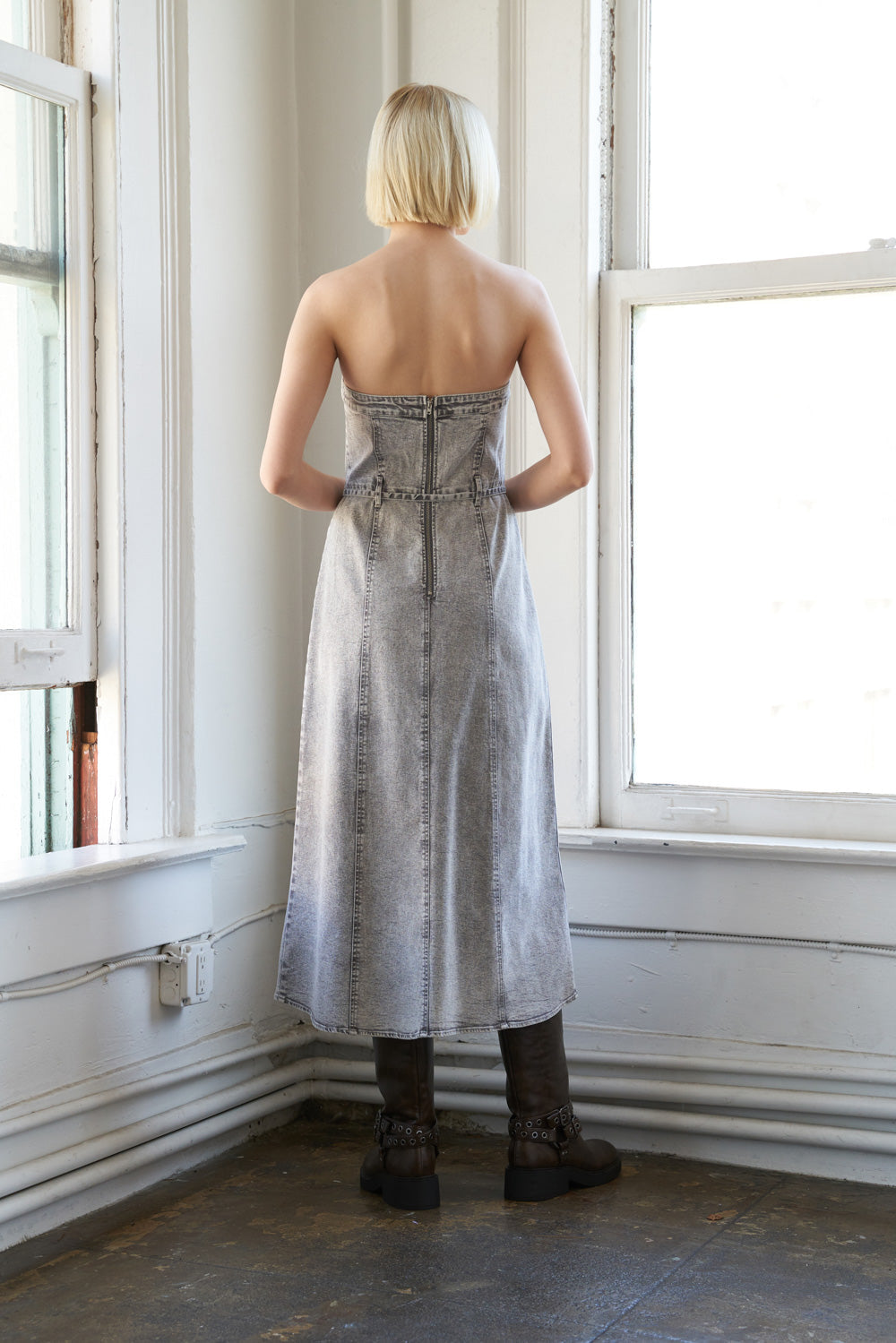 SECRET CRUSH - GREY - ACID WASH DENIM DRESS
