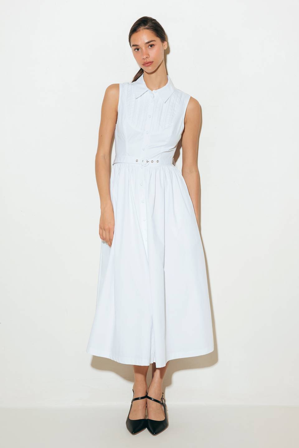 Size Medium, NORTH EAST MIDI - White Cotton Pintuck Midi Shirt Dress - FINAL SALE