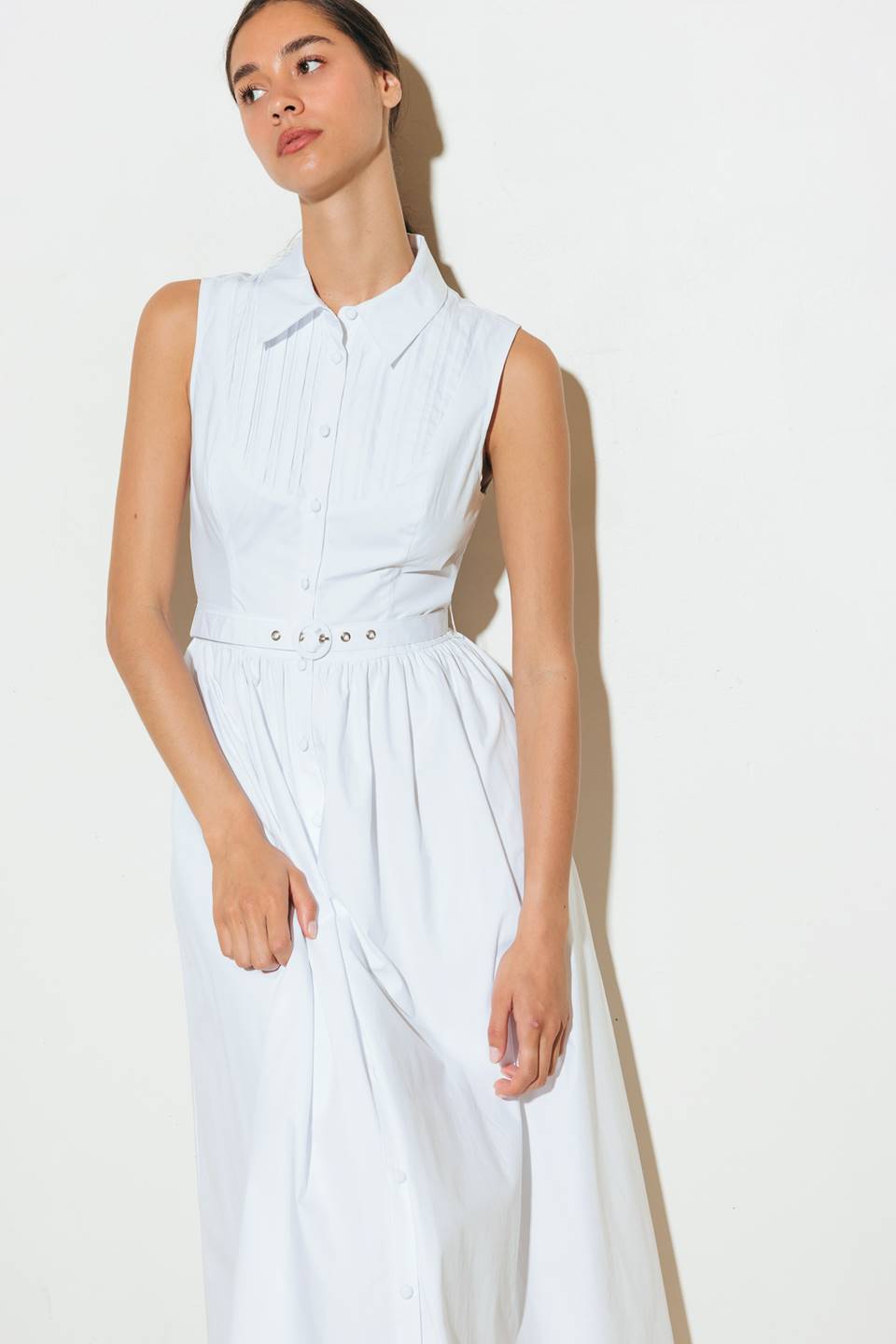 Size Medium, NORTH EAST MIDI - White Cotton Pintuck Midi Shirt Dress - FINAL SALE
