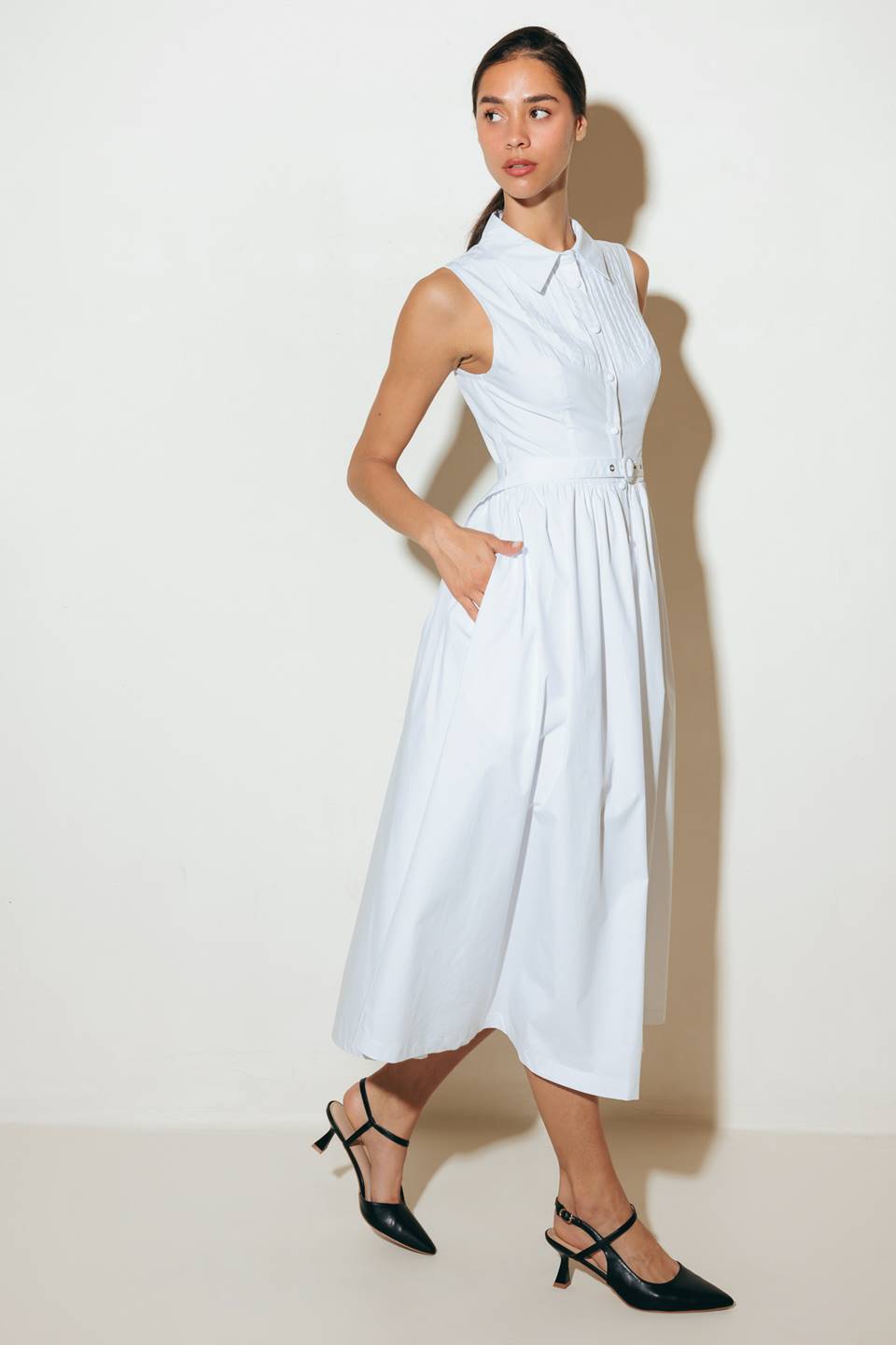Size Medium, NORTH EAST MIDI - White Cotton Pintuck Midi Shirt Dress - FINAL SALE