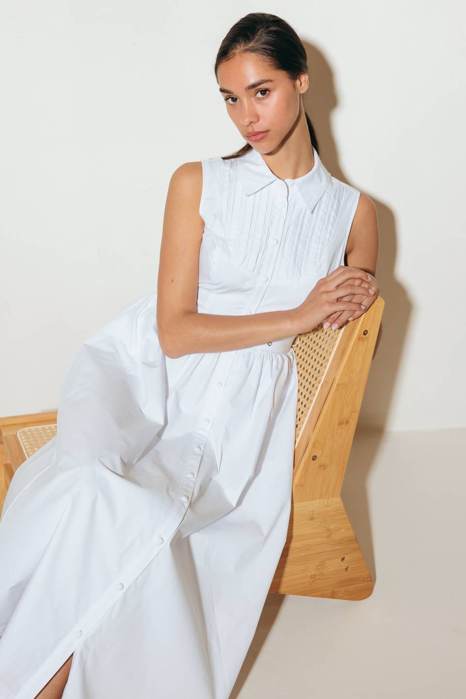 Size Medium, NORTH EAST MIDI - White Cotton Pintuck Midi Shirt Dress - FINAL SALE