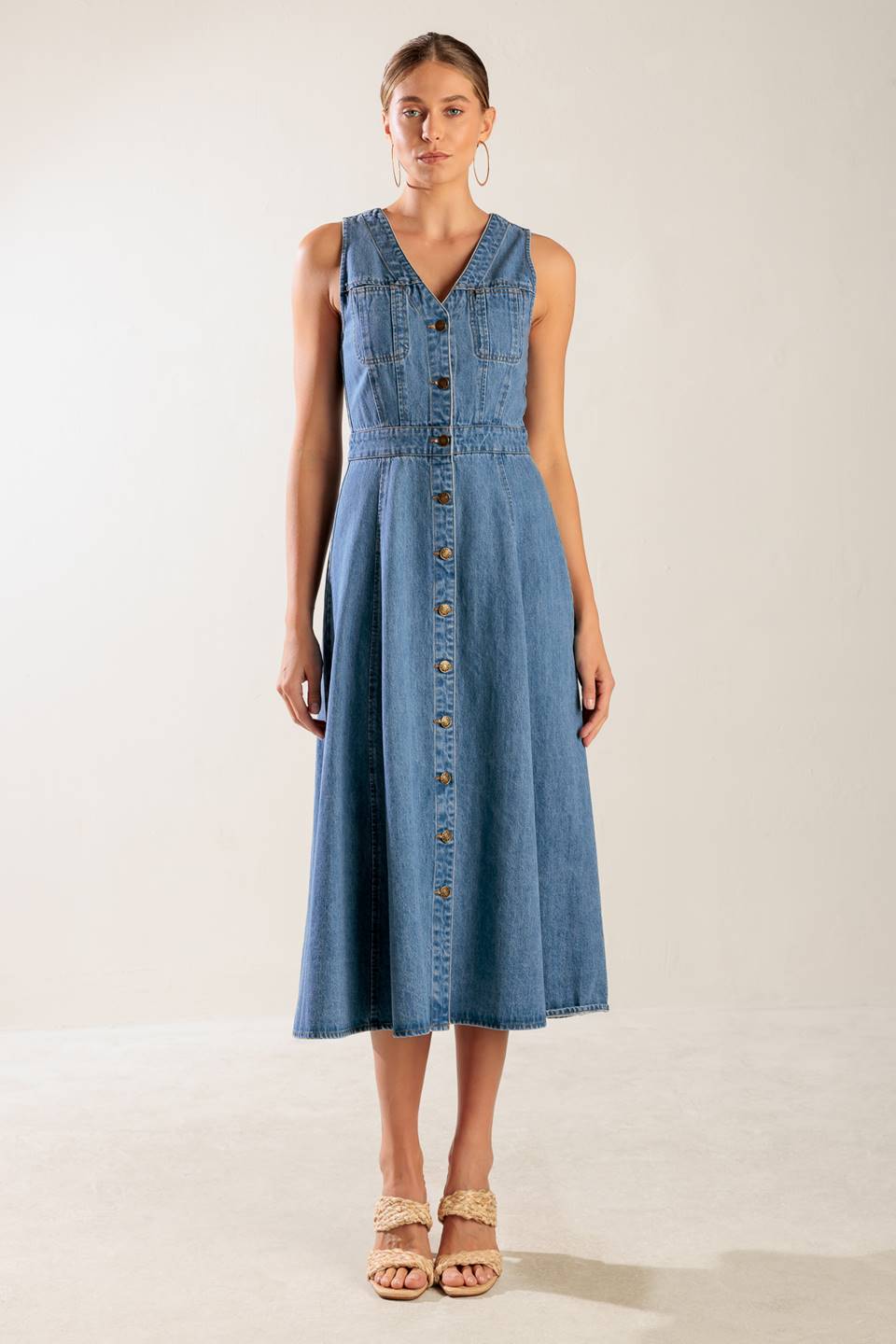 Size Medium, THE JOURNEY BEGINS BLUE DENIM MIDI DRESS - FINAL SALE