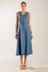 Size Medium, THE JOURNEY BEGINS BLUE DENIM MIDI DRESS - FINAL SALE