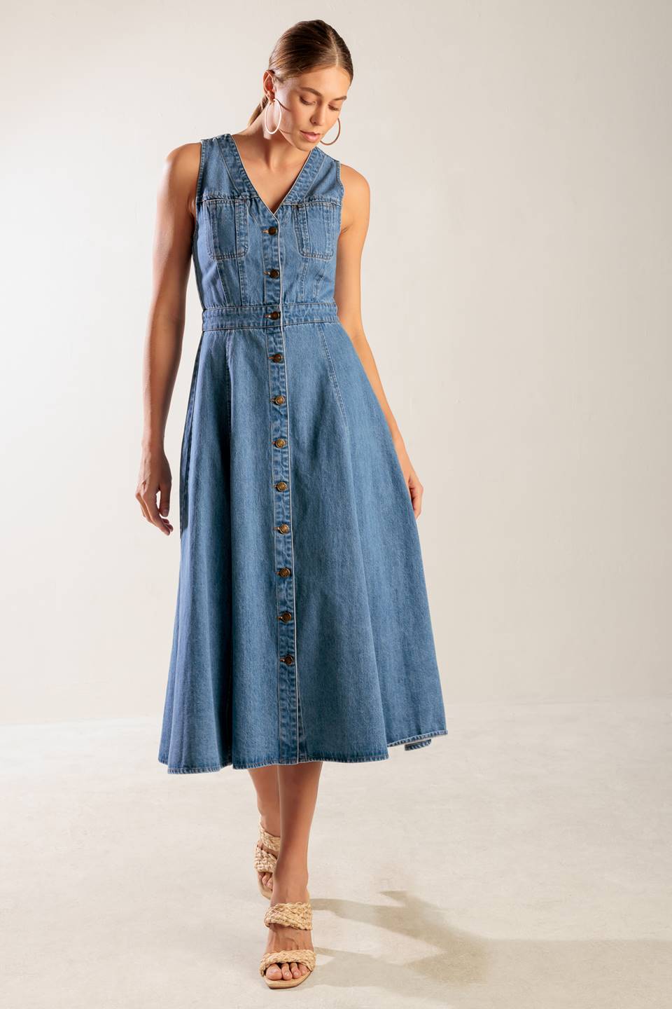 Size Medium, THE JOURNEY BEGINS BLUE DENIM MIDI DRESS - FINAL SALE