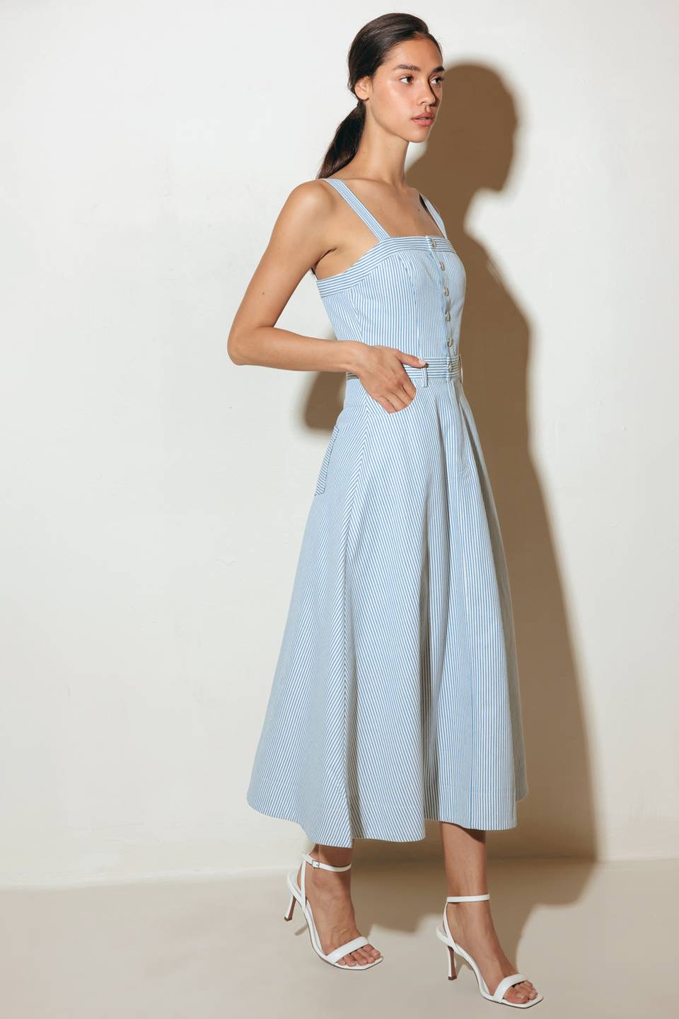 Size Small, CAREFREE DAYS - BLUE PINSTRIPE MIDI DRESS - FINAL SALE