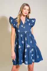 ROMANTICALLY ENTANGLED - FLORAL DENIM MINI DRESS - FINAL SALE