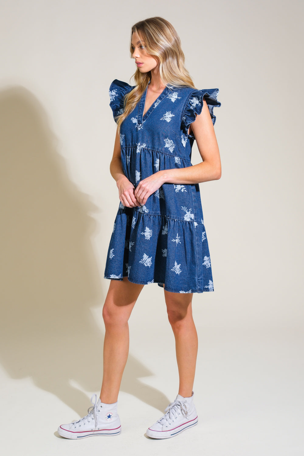 ROMANTICALLY ENTANGLED - FLORAL DENIM MINI DRESS - FINAL SALE