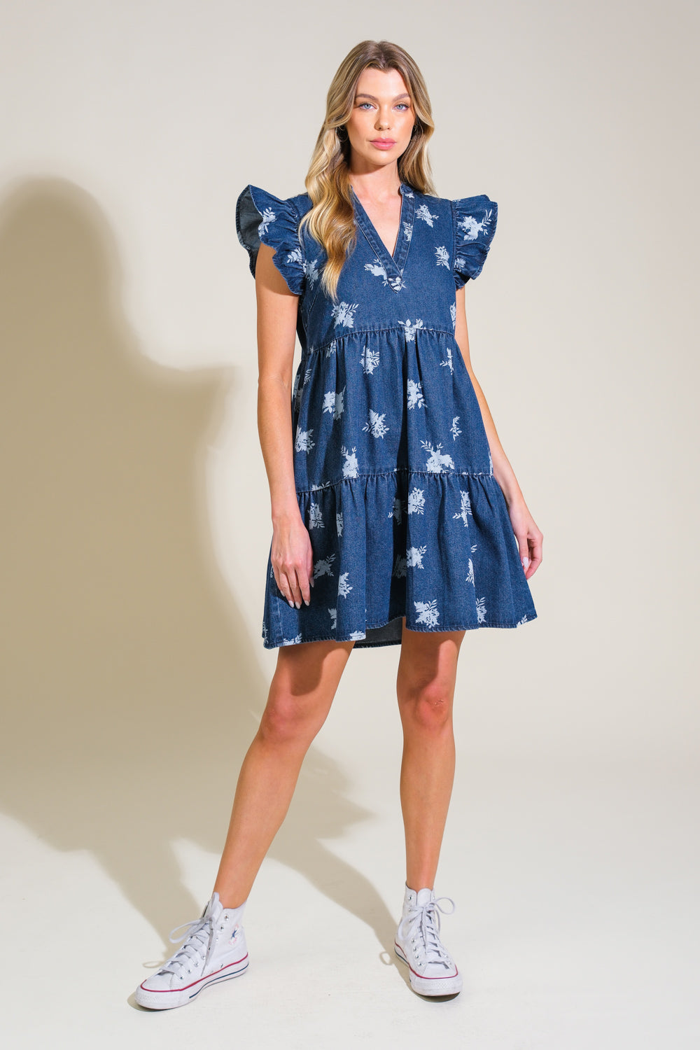 ROMANTICALLY ENTANGLED - FLORAL DENIM MINI DRESS - FINAL SALE