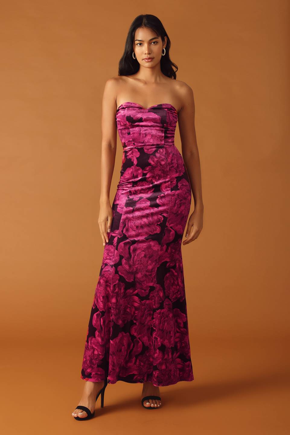 FALLING INTO PLACE - BERRY - VELVET FLORAL MAXI DRESS