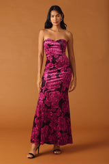 FALLING INTO PLACE - BERRY - VELVET FLORAL MAXI DRESS