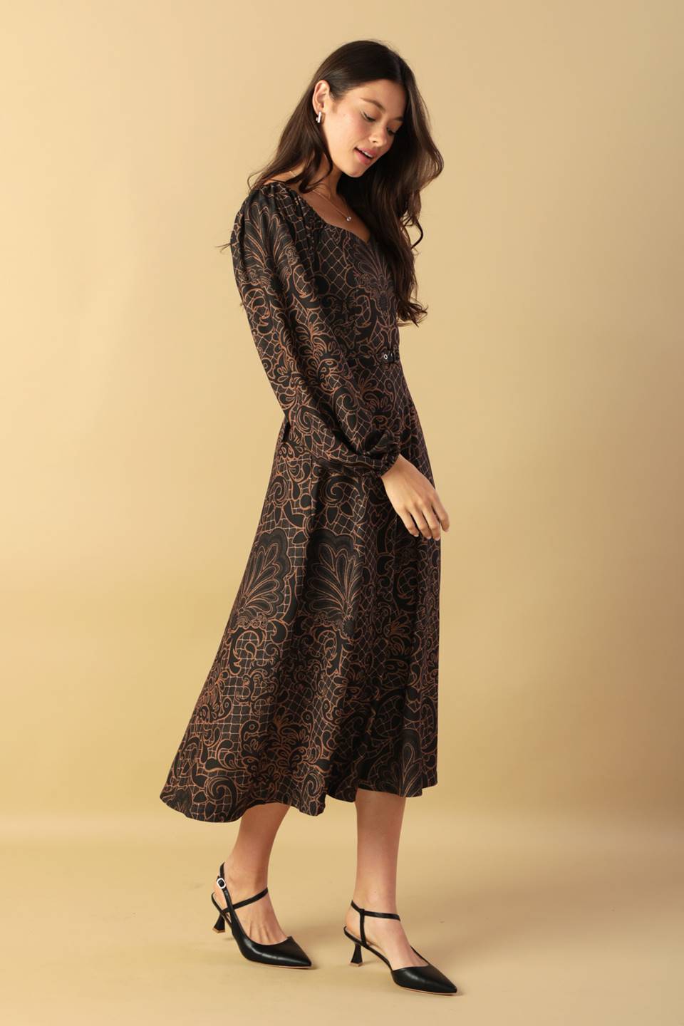 RUSTIC ALLURE MIDI DRESS - BROWN