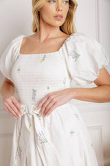 PETITE FLOWERS EMBROIDERED MIDI DRESS