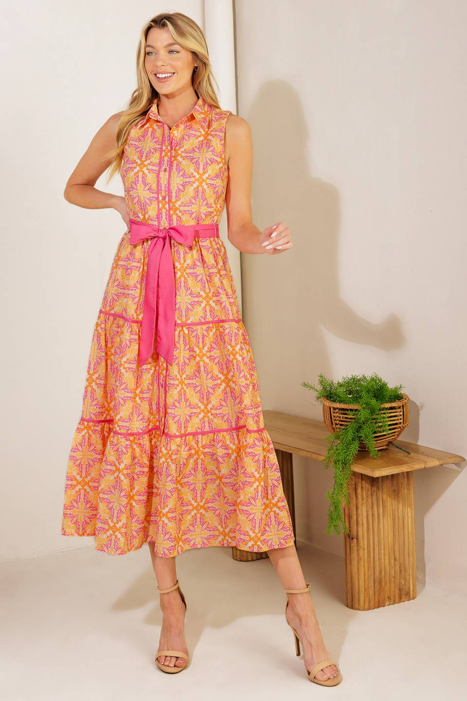 Size Large, DAY IN THE PARK - ORANGE & PINK MIDI DRESS - FINAL SALE