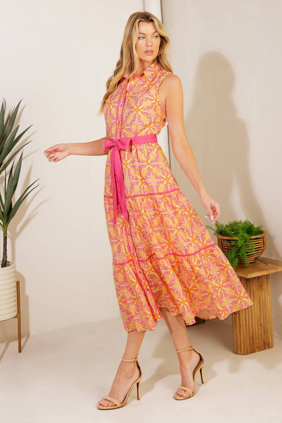 Size Large, DAY IN THE PARK - ORANGE & PINK MIDI DRESS - FINAL SALE