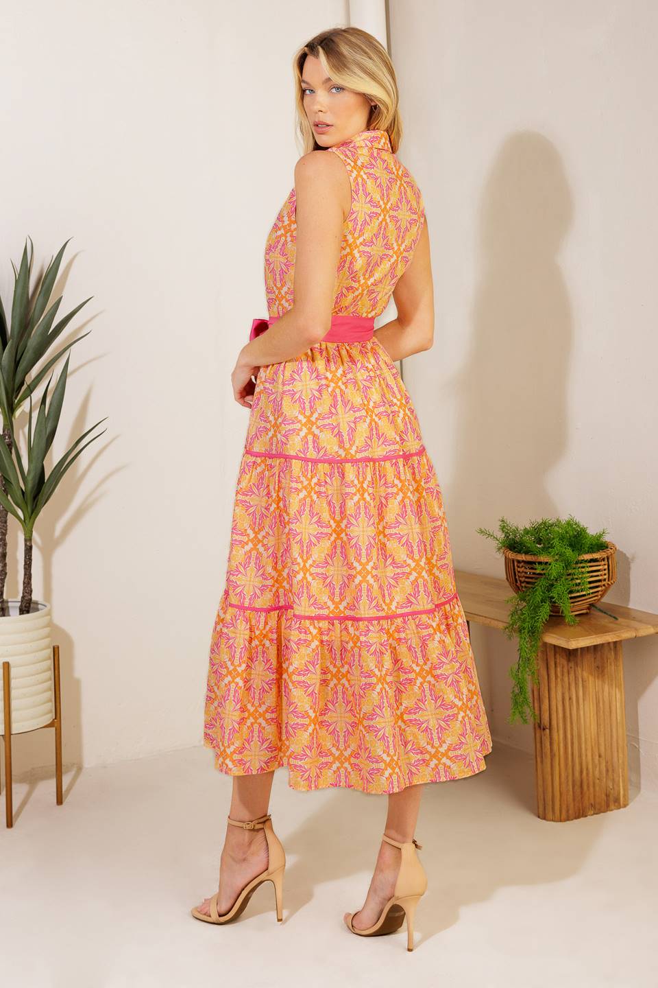 Size Large, DAY IN THE PARK - ORANGE & PINK MIDI DRESS - FINAL SALE