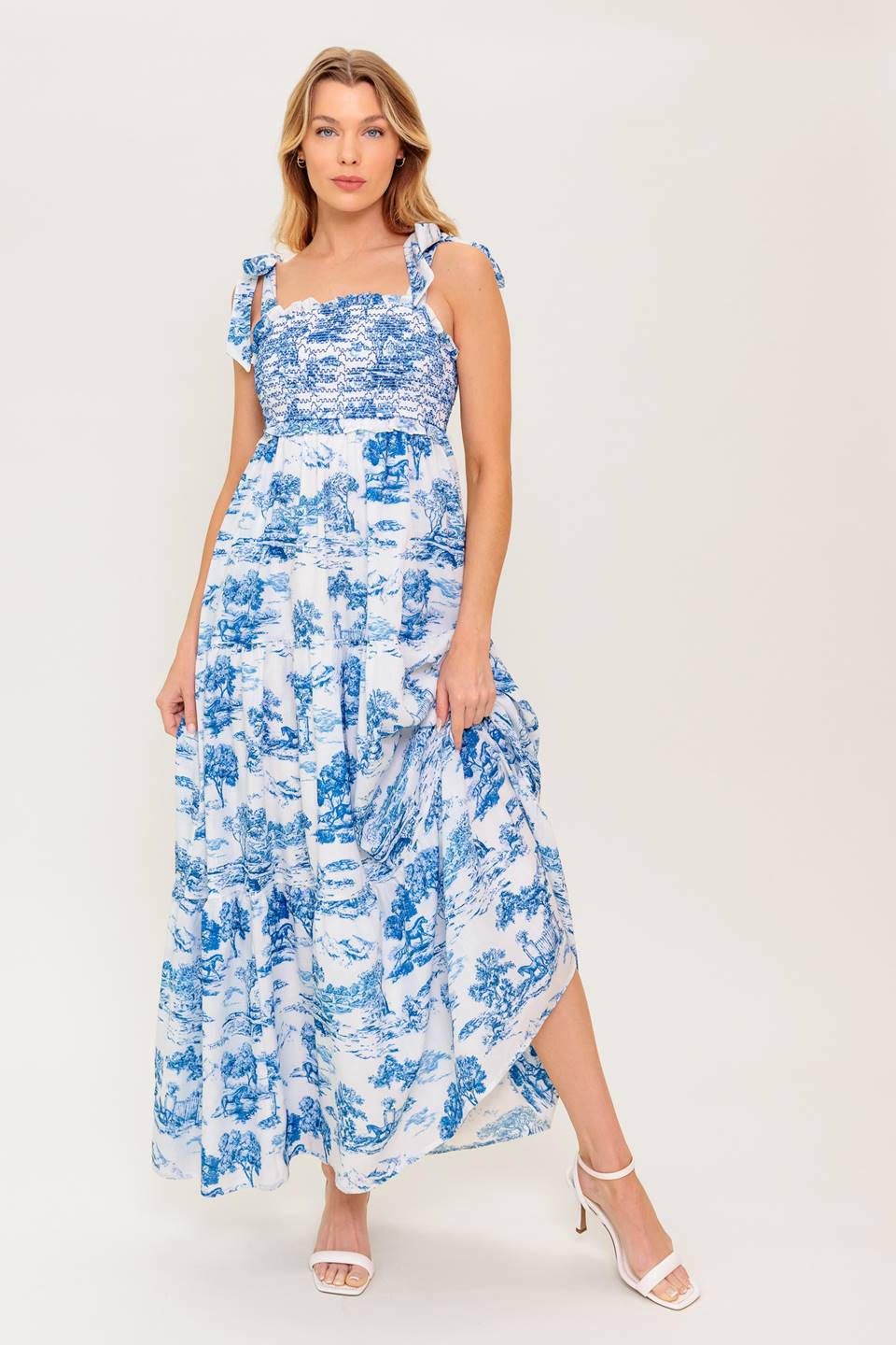 WHEN IN ROME MIDI DRESS - BLUE & WHITE TOILE