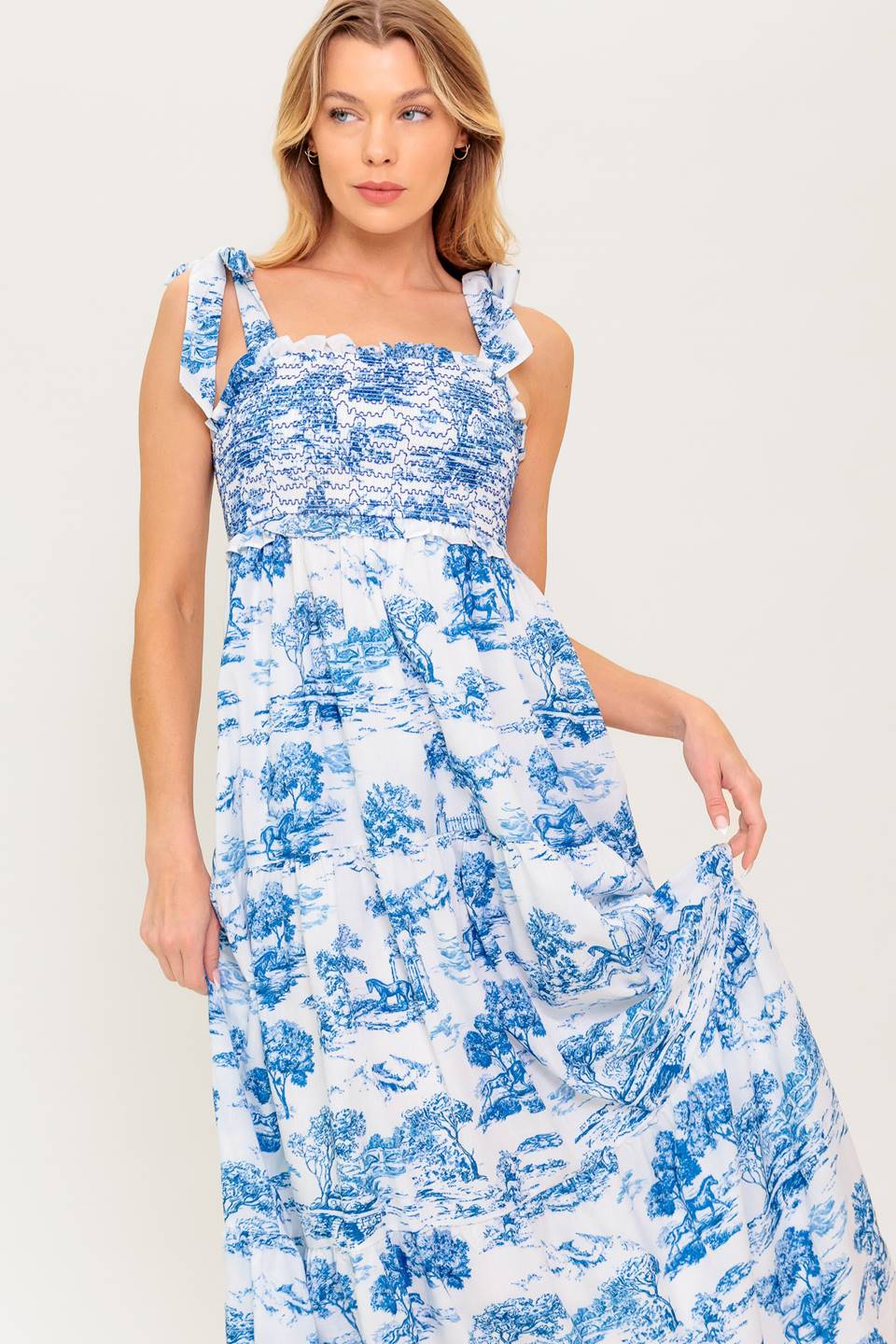 WHEN IN ROME MIDI DRESS - BLUE & WHITE TOILE