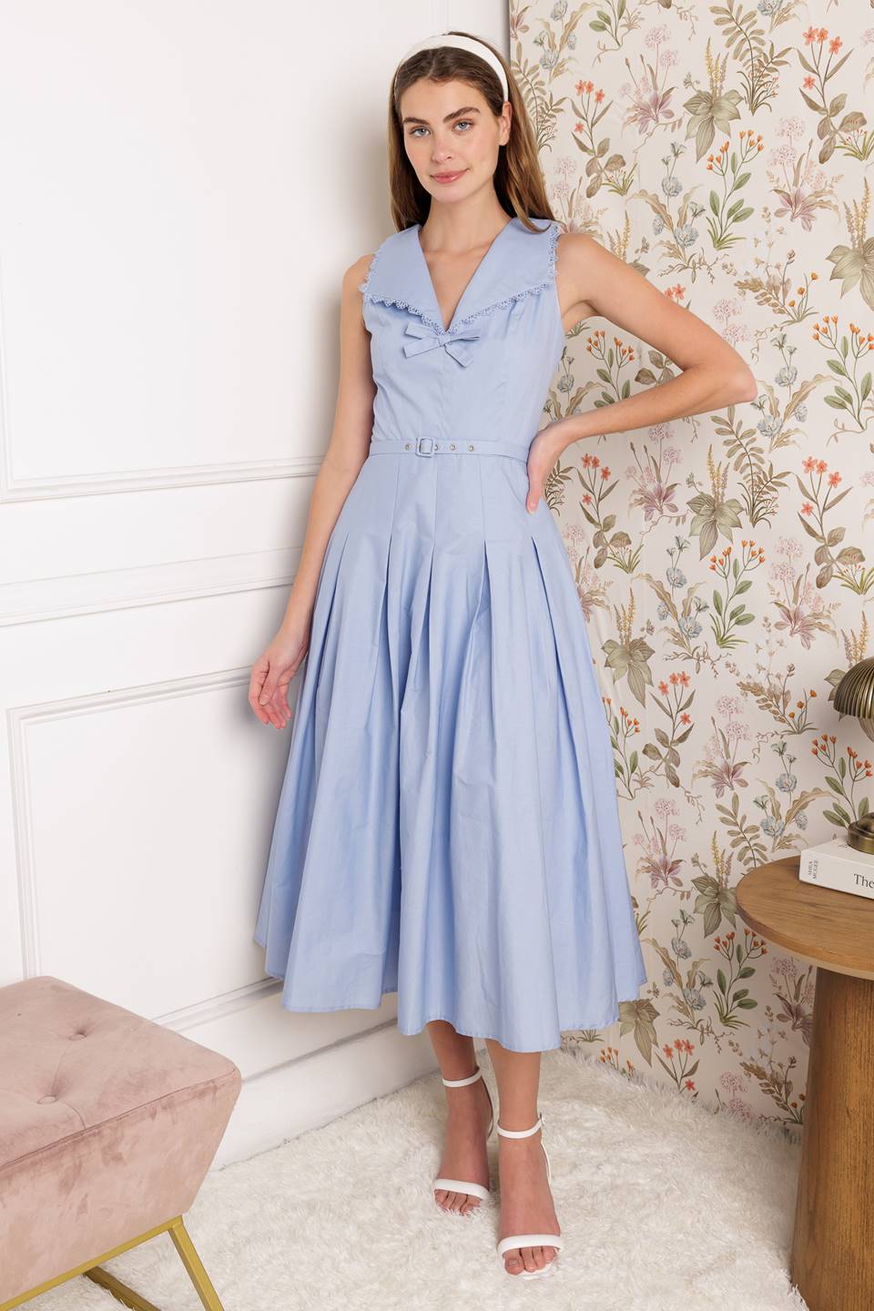 Size Large, COUNTRY FAIR - POWDER BLUE MIDI DRESS - FINAL SALE
