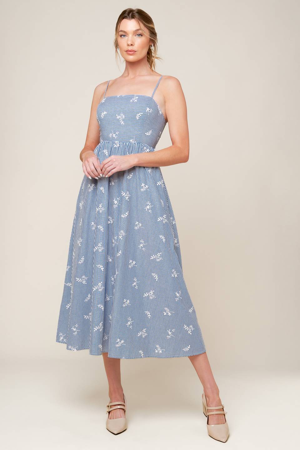 Size Medium, LAYTON EMBROIDERED MIDI DRESS - BLUE - FINAL SALE