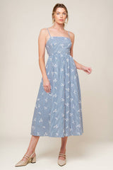 Size Medium, LAYTON EMBROIDERED MIDI DRESS - BLUE - FINAL SALE