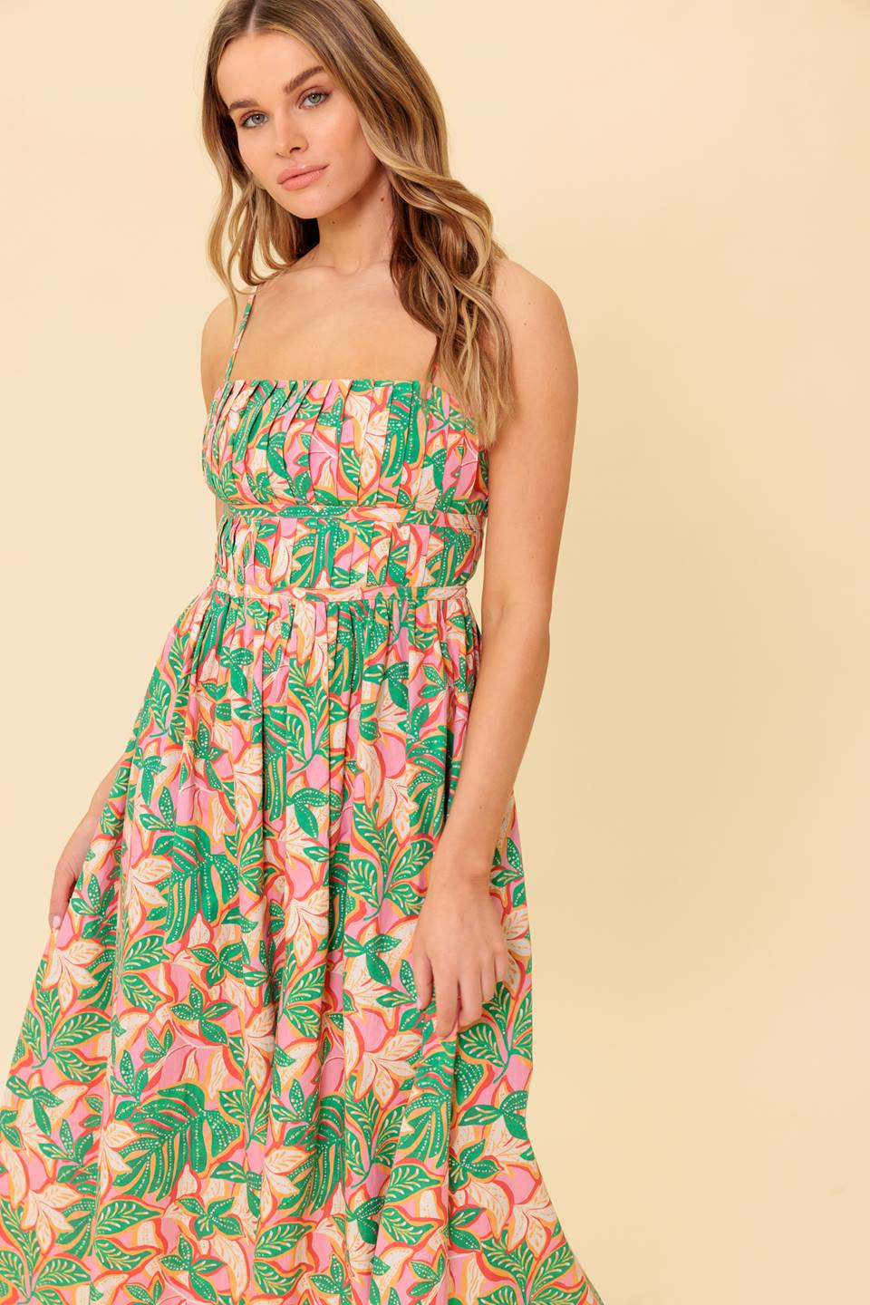 STORYTELLING - PINK & GREEN MIDI DRESS WITH POCKETS