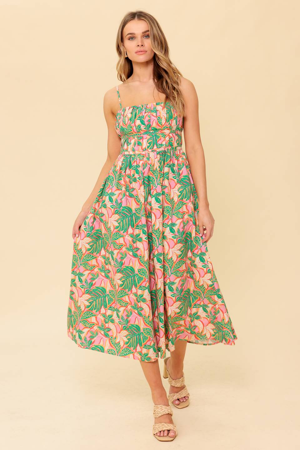 STORYTELLING - PINK & GREEN MIDI DRESS WITH POCKETS
