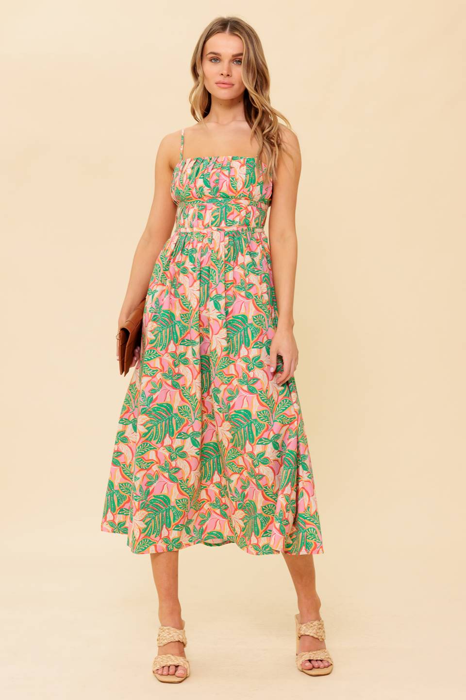 STORYTELLING - PINK & GREEN MIDI DRESS WITH POCKETS