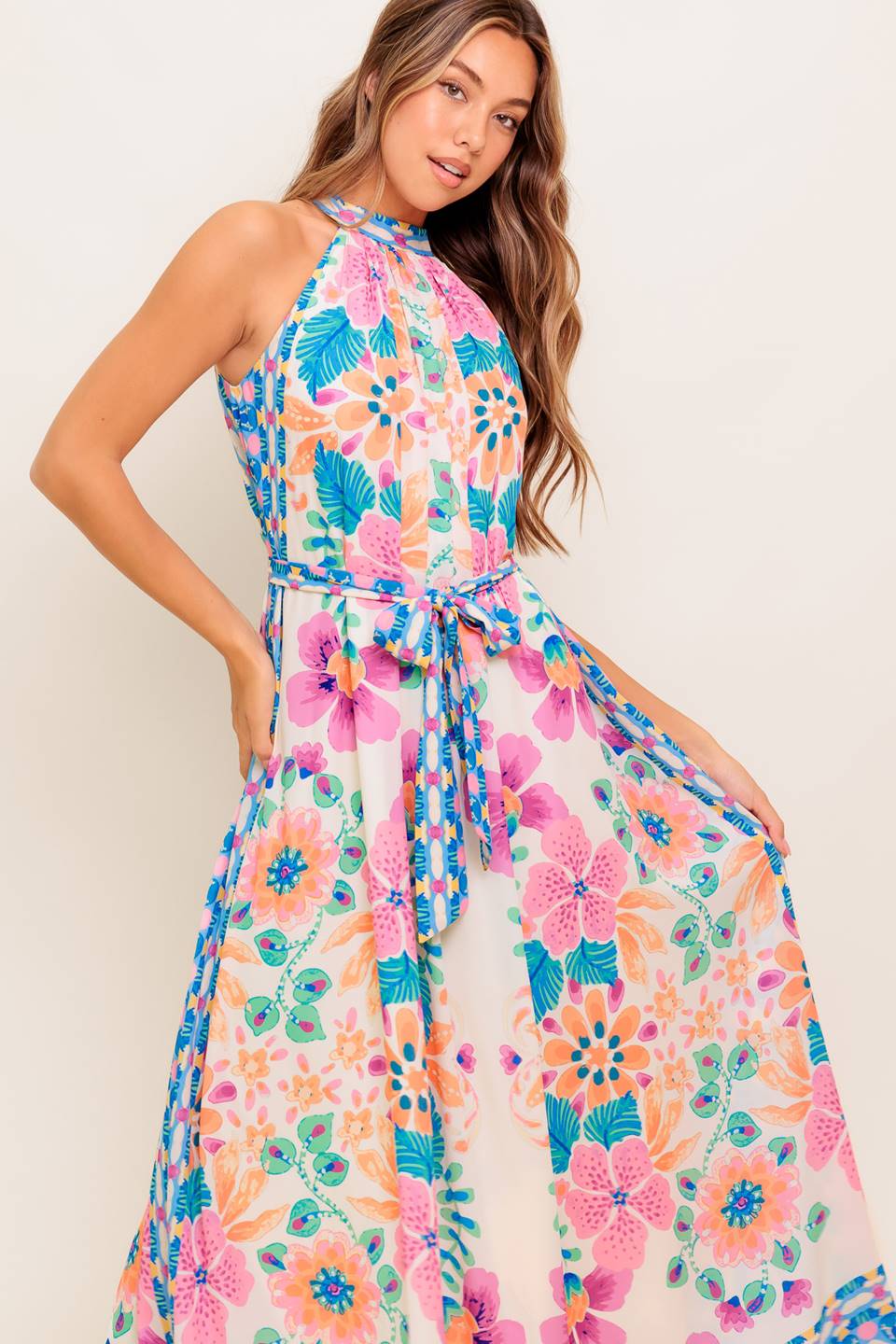 ELARA FLORAL HALTER MAXI DRESS