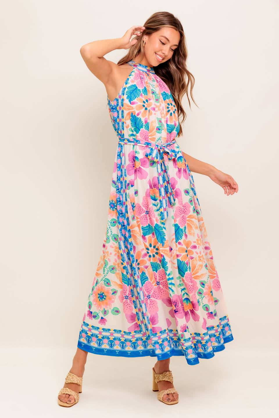 ELARA FLORAL HALTER MAXI DRESS