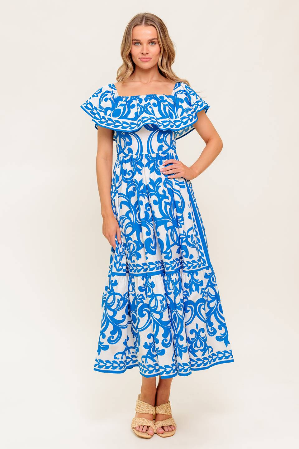 SERENADE MIDI DRESS - PRINTED OFF SHOULDER COTTON DRESS