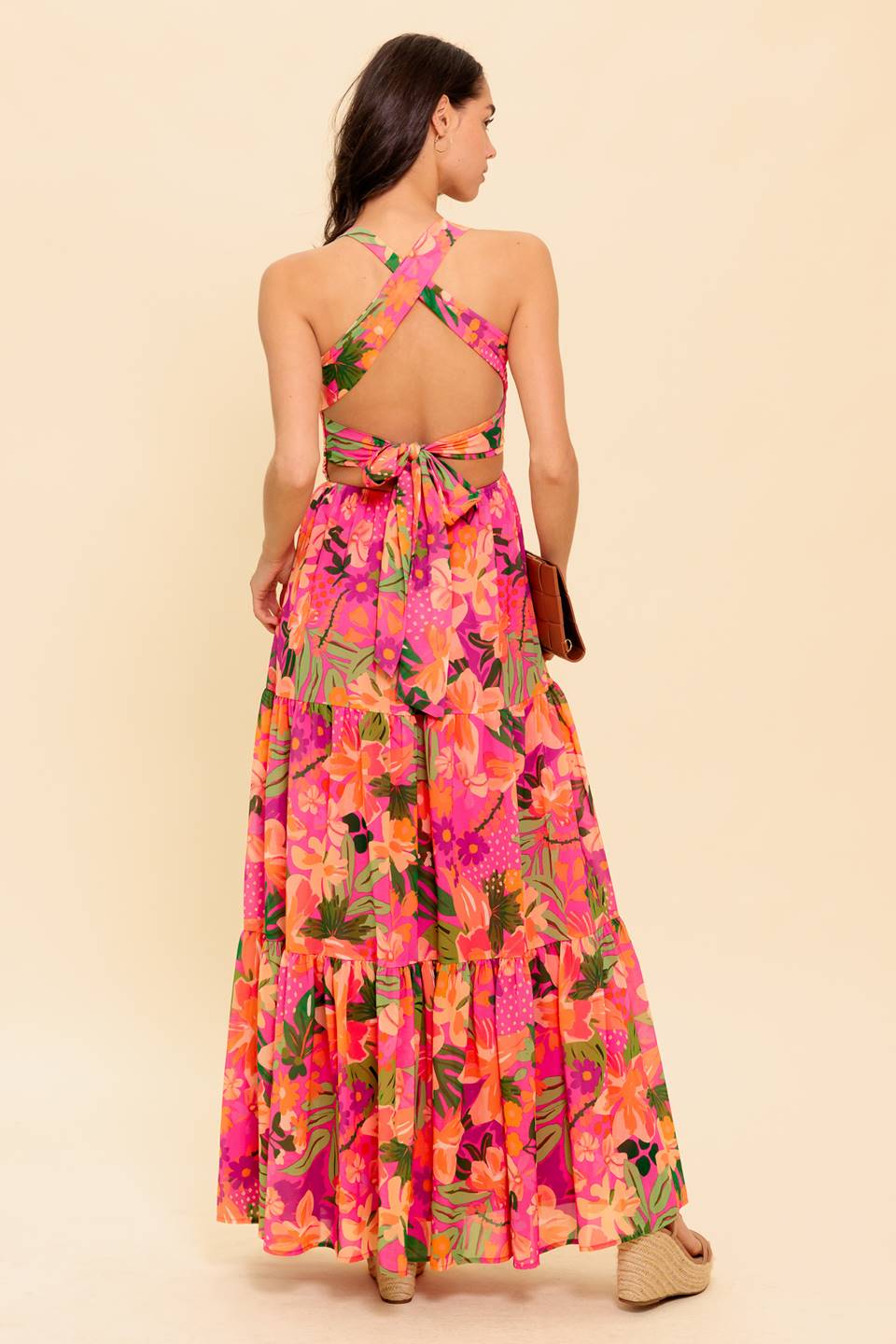 SUNRISE SOIREE HALTER TIE MAXI DRESS - FUCHSIA