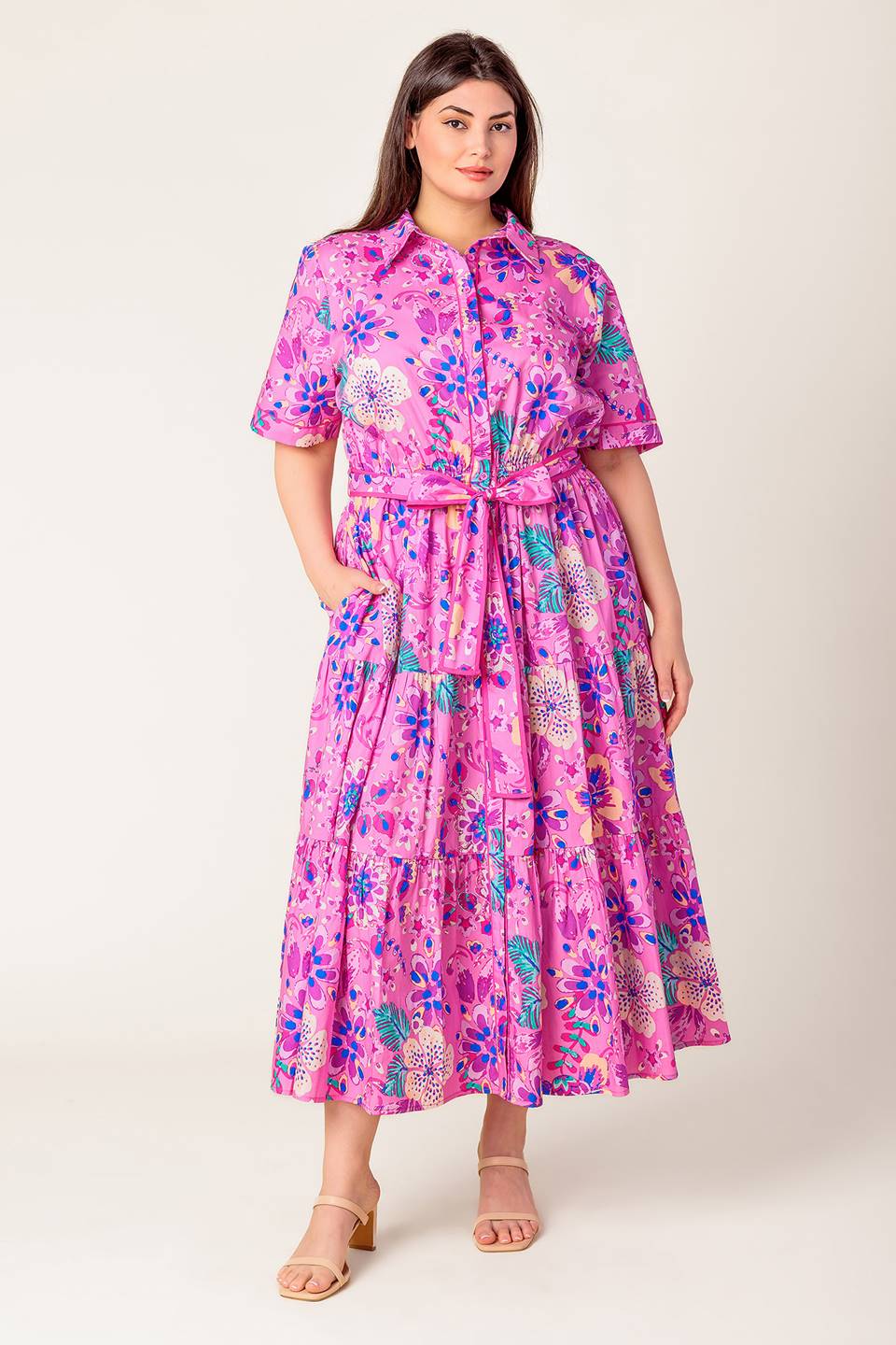 Size Medium, PETAL PRESS - PINK & PURPLE FLORAL MIDI DRESS - FINAL SALE