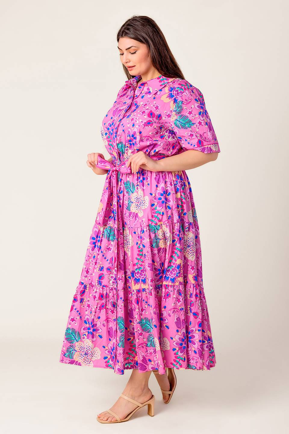 Size Medium, PETAL PRESS - PINK & PURPLE FLORAL MIDI DRESS - FINAL SALE