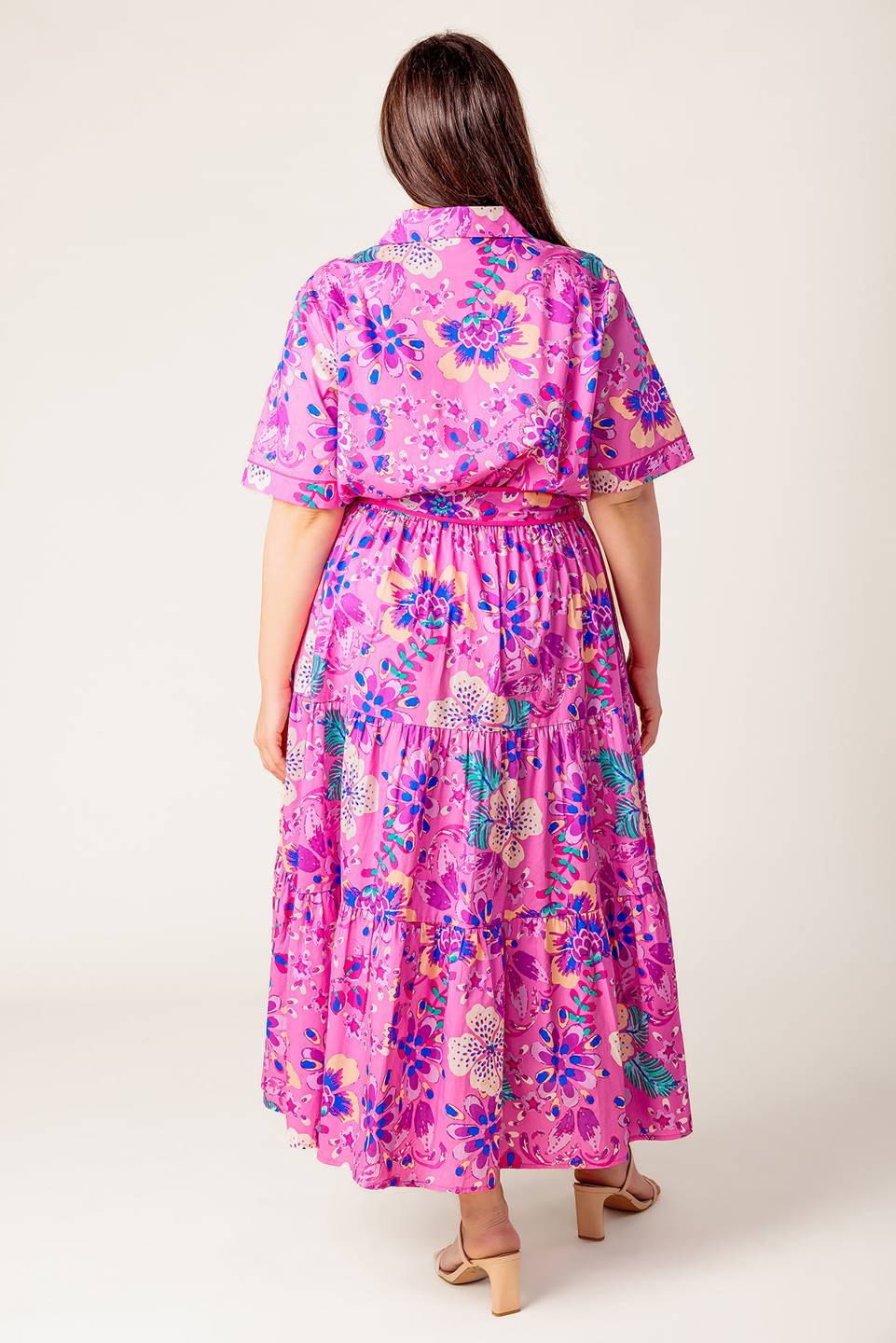 Size Medium, PETAL PRESS - PINK & PURPLE FLORAL MIDI DRESS - FINAL SALE