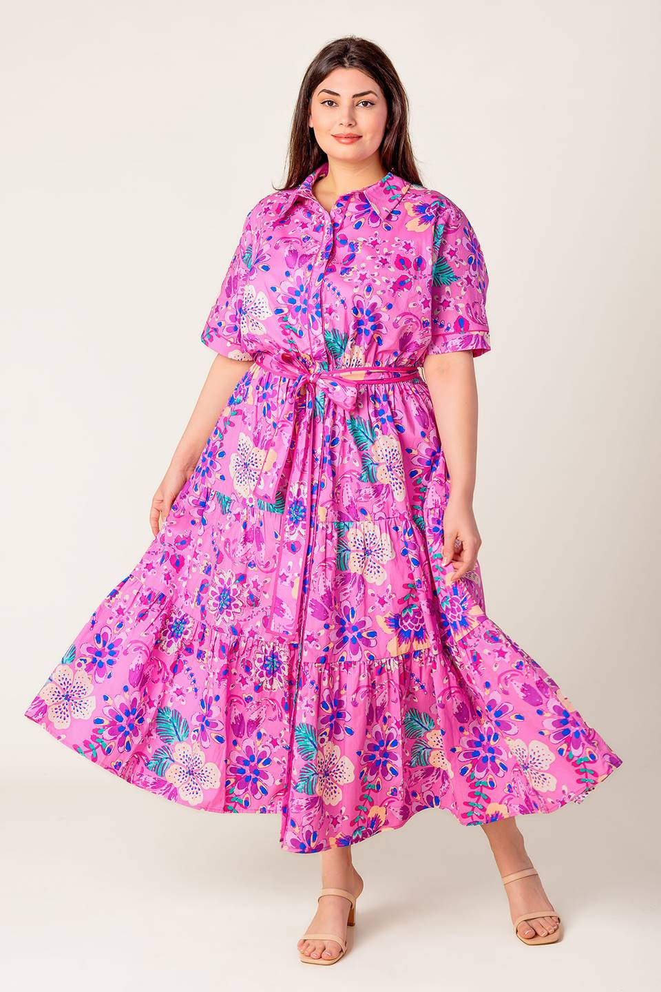 Size Medium, PETAL PRESS - PINK & PURPLE FLORAL MIDI DRESS - FINAL SALE