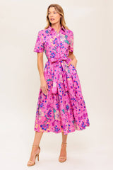Size Medium, PETAL PRESS - PINK & PURPLE FLORAL MIDI DRESS - FINAL SALE