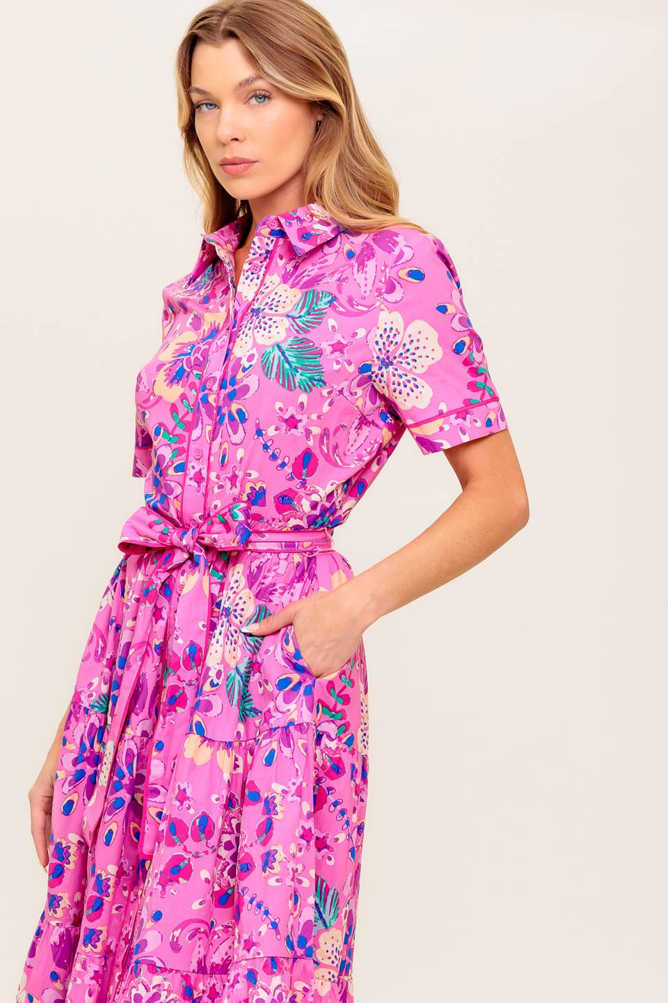 Size Medium, PETAL PRESS - PINK & PURPLE FLORAL MIDI DRESS - FINAL SALE