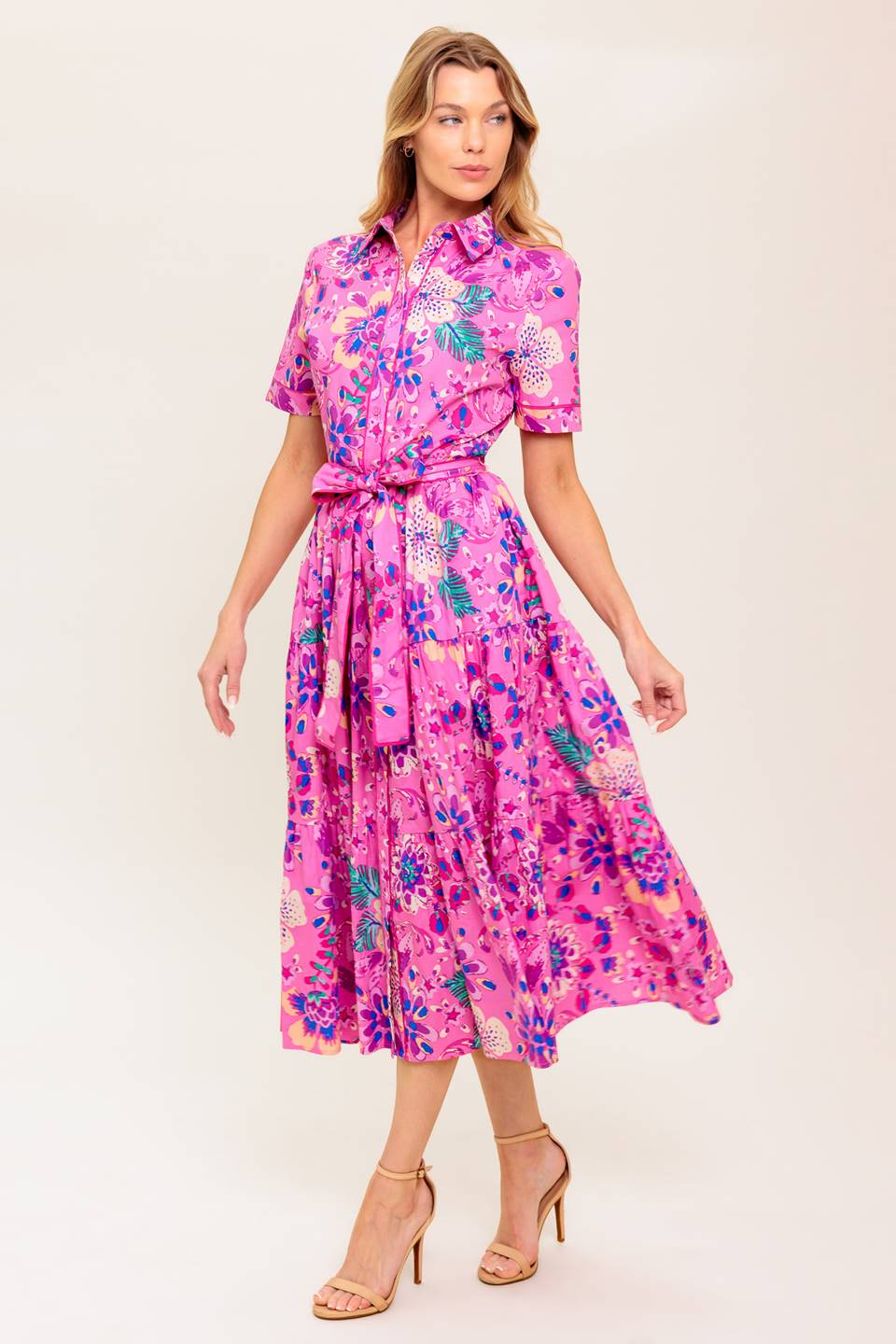 Size Medium, PETAL PRESS - PINK & PURPLE FLORAL MIDI DRESS - FINAL SALE