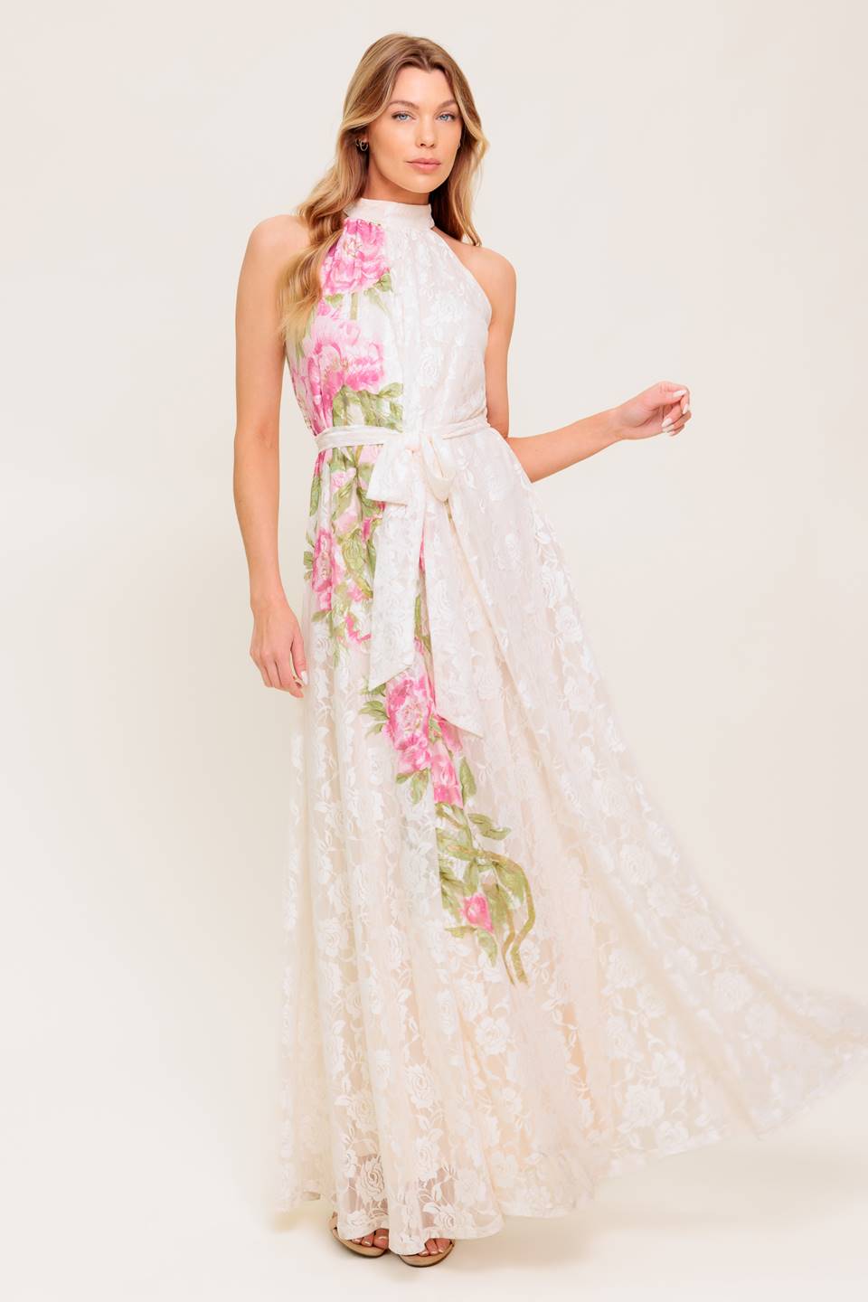 Size Small, ROSE GARDEN - IVORY LACE HALTER MAXI DRESS - FINAL SALE