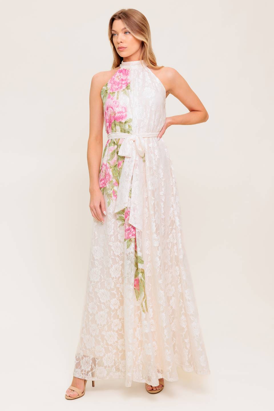 Size Small, ROSE GARDEN - IVORY LACE HALTER MAXI DRESS - FINAL SALE