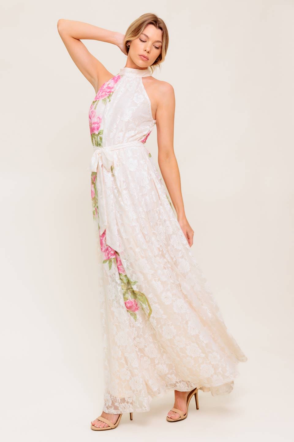 Size Small, ROSE GARDEN - IVORY LACE HALTER MAXI DRESS - FINAL SALE