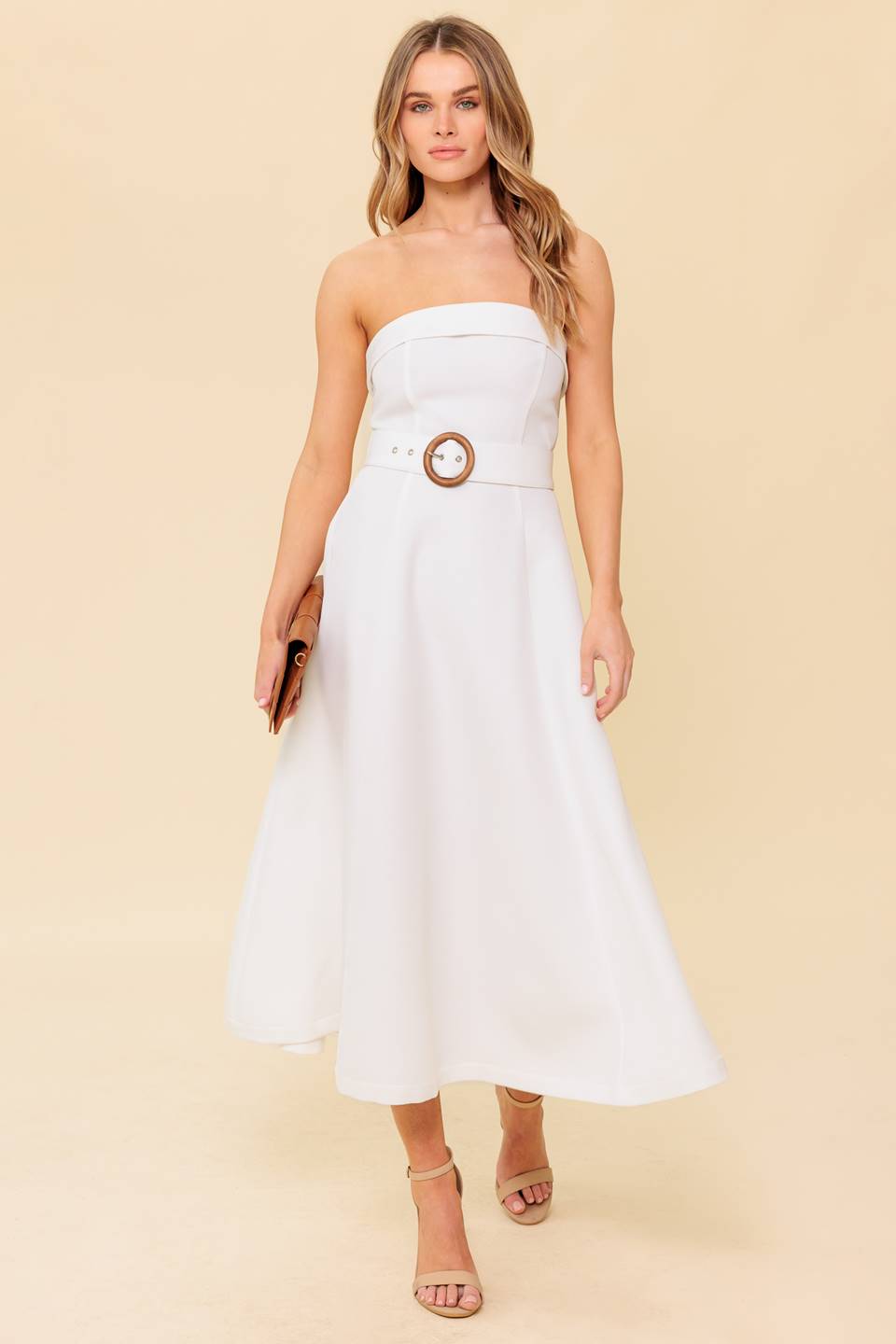 THE PICTURE OF PERFECTION - WHITE STRAPLESS MIDI DRESS