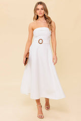 THE PICTURE OF PERFECTION - WHITE STRAPLESS MIDI DRESS