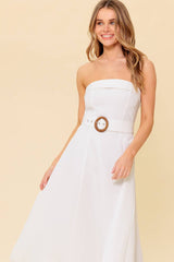 THE PICTURE OF PERFECTION - WHITE STRAPLESS MIDI DRESS
