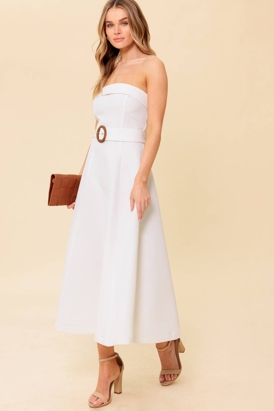 THE PICTURE OF PERFECTION - WHITE STRAPLESS MIDI DRESS