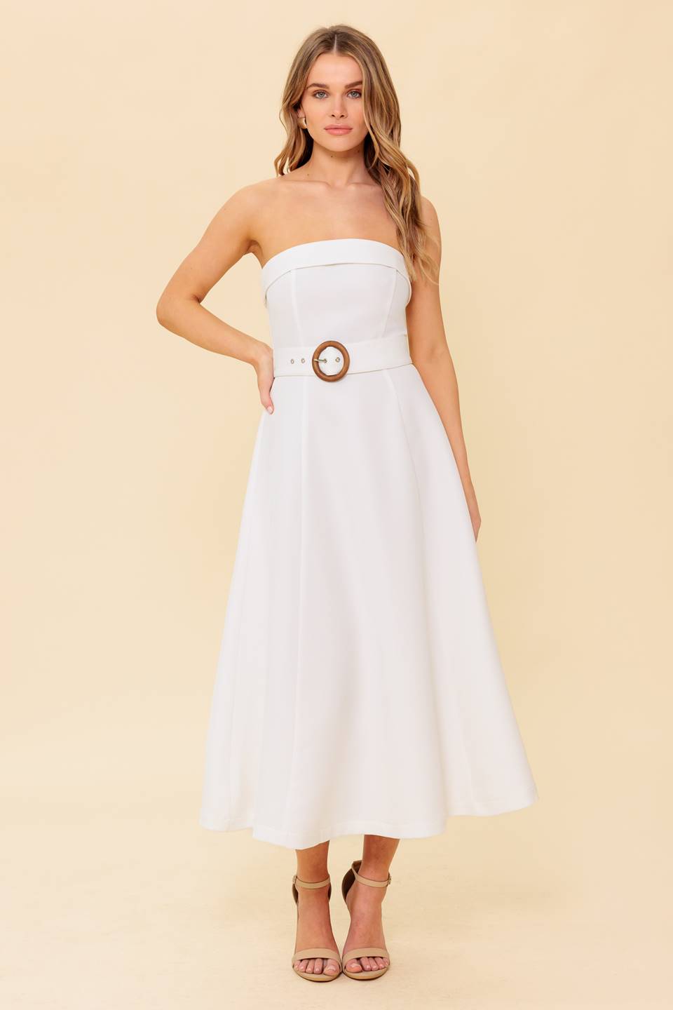 THE PICTURE OF PERFECTION - WHITE STRAPLESS MIDI DRESS
