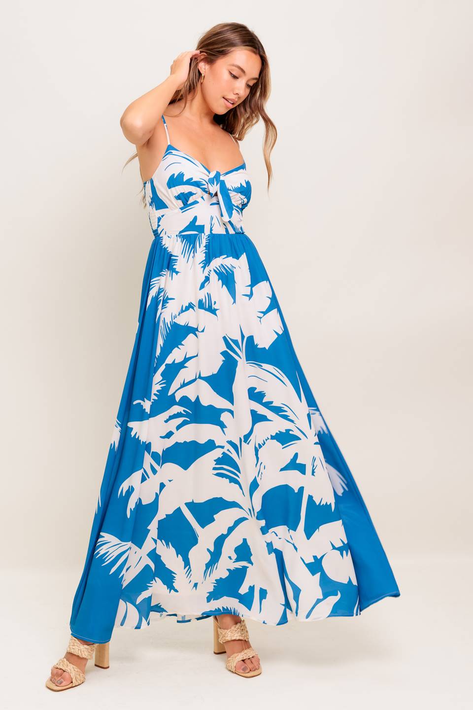 KAIA BLUE PALM PRINT MAXI DRESS