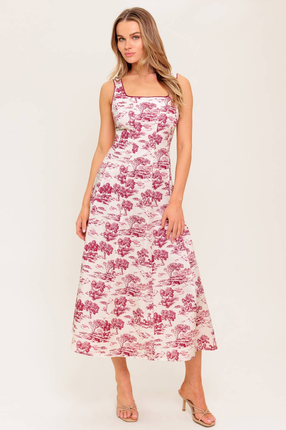 RASPBERRY ROSÉ TOILE MIDI DRESS - BERRY
