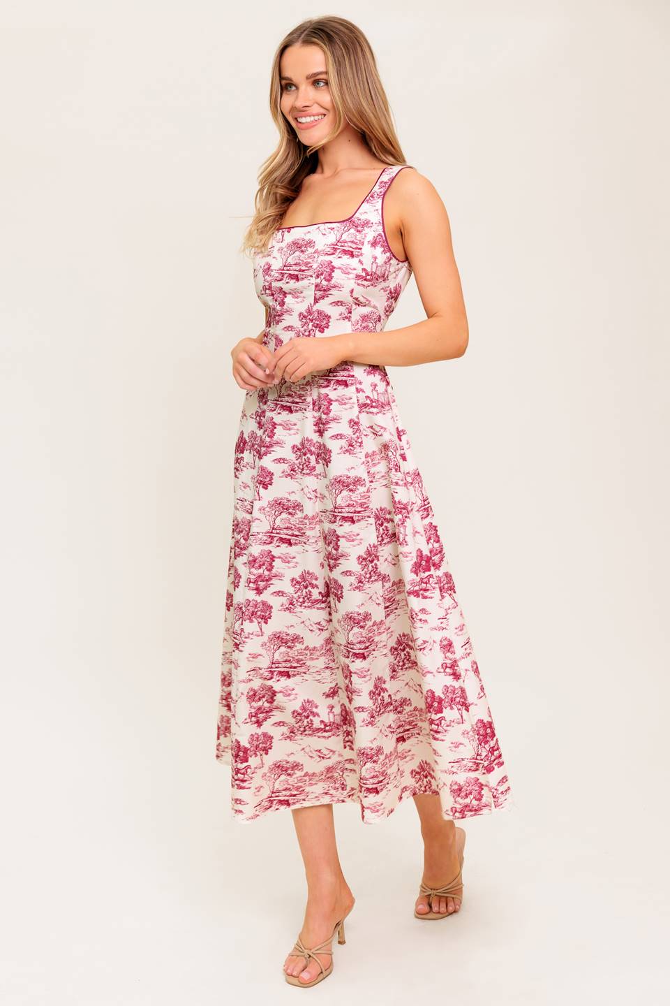 RASPBERRY ROSÉ TOILE MIDI DRESS - BERRY