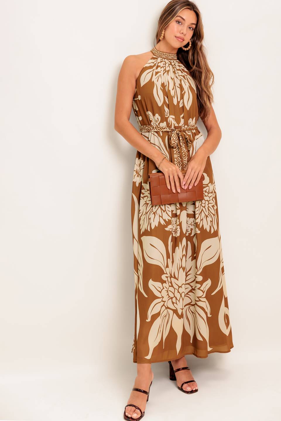 PILAR HALTER MAXI DRESS - BROWN